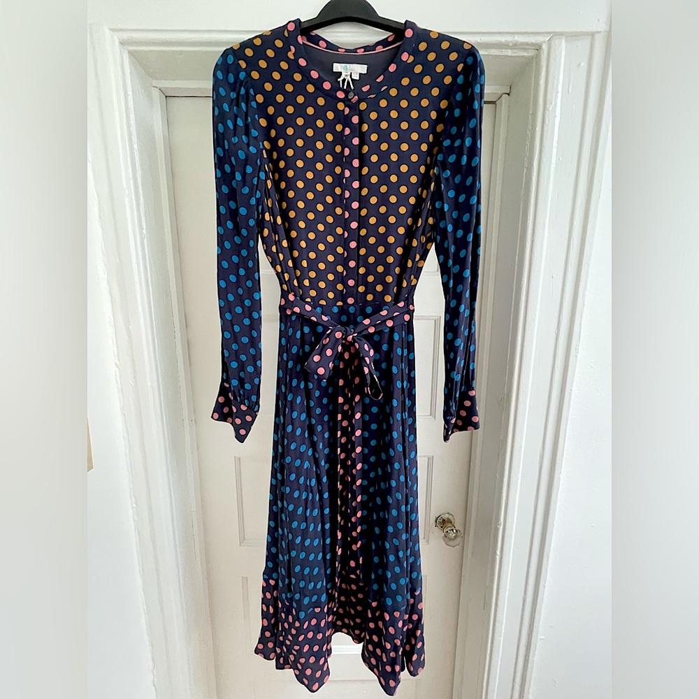 Boden Women's Size US 16L (Tall) Navy Blue Polka dot Midi Dress NWT